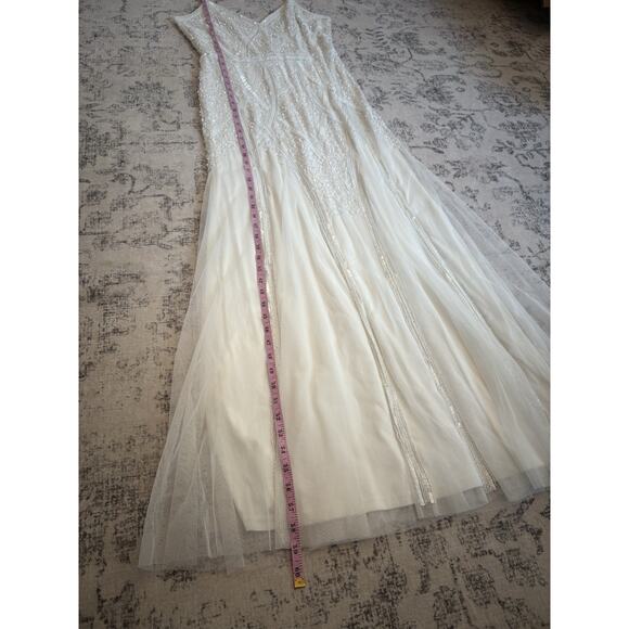 Lulus Just the Beginning White Beaded Sequin Mermaid Maxi Dress Medium V Neck - Picture 9 of 11